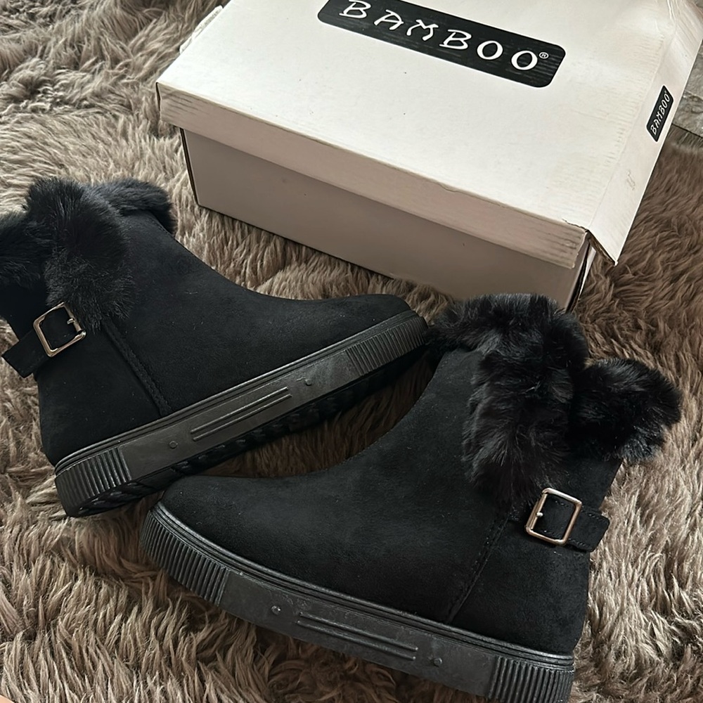 BAMBOO Fur Side Cut Bootie, Black faux suede in 7.5